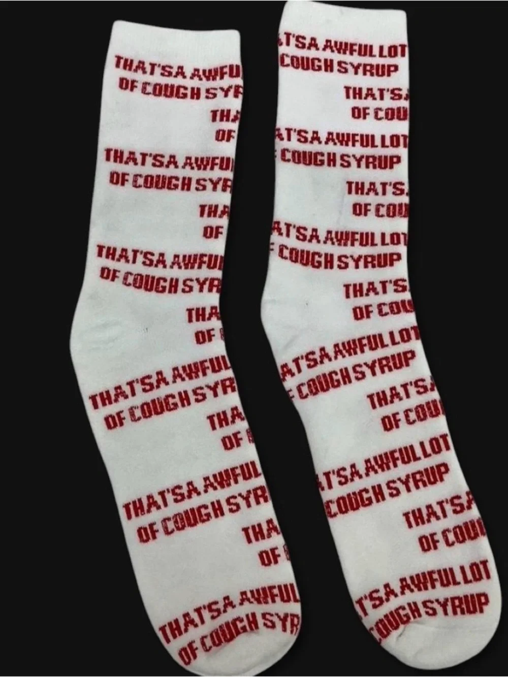 THAT'S A AWFUL LOT OF COUGH SYRUP RED/WHITE SOCKS ONE SIZE NEW
